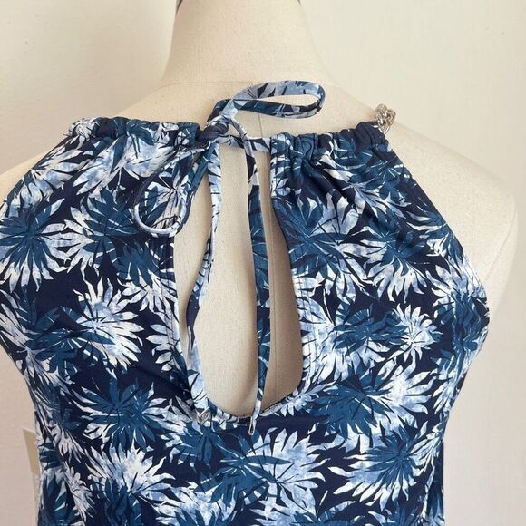 Michael Kors Palm Mix High-Neck Blouson Tankini Top Navy Small - Picture 11 of 16